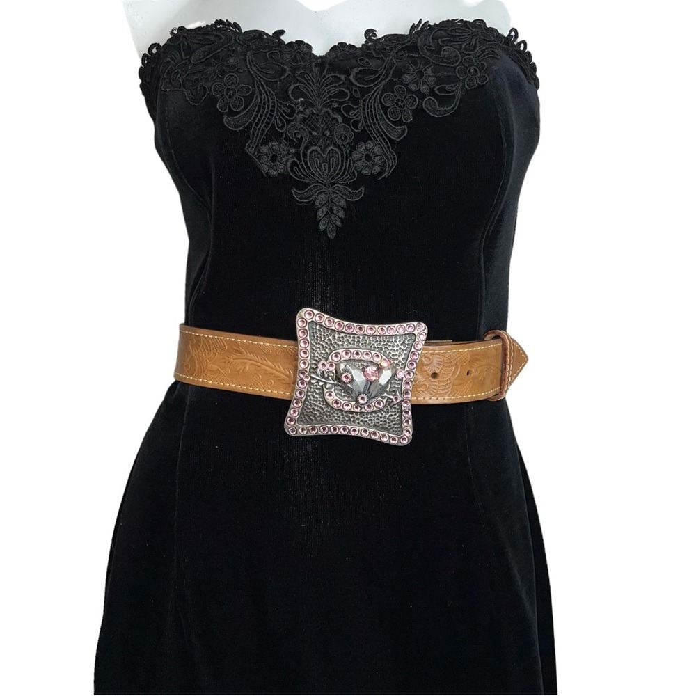 Embossed Genuine Italian Leather Pink Rhinestone Heart Silver Buckle Brown Belt